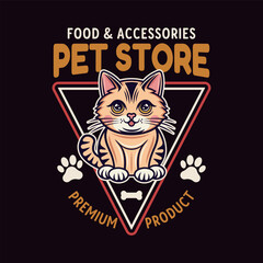 Pet store vector emblem concept with cute cartoon cat character illustration in colored style on dark background