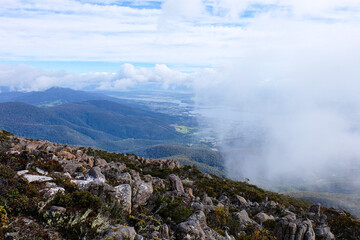 Rocks formation and Pinnacle Observation Shelter and Boardwalk, Mount Wellington, Tasmania, Hobart, Australia