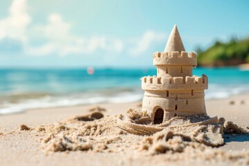 Sand castle on the shore background with copy space