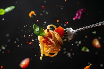 Spaghetti twisted on a fork in the center of the frame, in the middle of flying salad vegetables Isolated