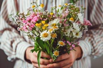 Special occasion flowers. Closeup man's hands holding bouquet of delicate flowers