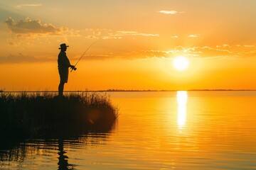 Sport fishing man sunset or morning light with for