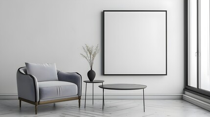 Modern cozy mock up and decoration furniture of living room and empty canvas frame on the white wall texture background, 3D rendering