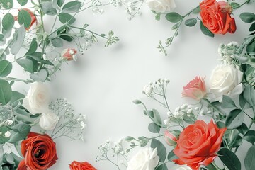 Fototapeta premium Beautiful red and white roses with green foliage arranged in a circular frame on white background. Perfect for floral designs or romantic themes.