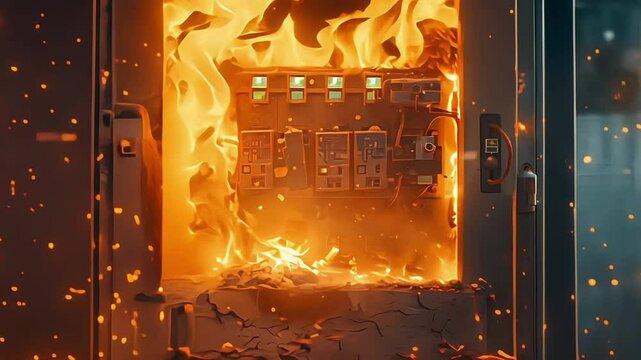 An aged, deteriorating electrical panel with a dangerous fire burning within, signifying neglect and potential risk