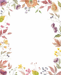 Watercolor floral frame. Hand drawn autumn illustration isolated on white background.