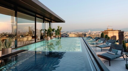 A luxurious rooftop infinity pool with glass sides, surrounded by modern lounge chairs, potted plants, and offering a panoramic city view.