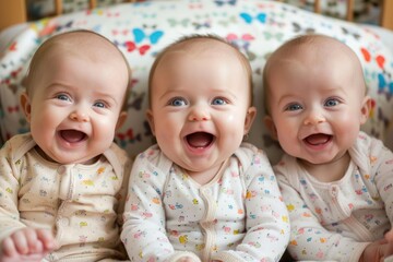 triplets babies sits with funny faces