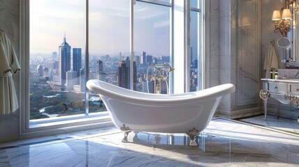 A luxurious penthouse bathroom with a freestanding bathtub, marble floors, a large window with a city view, and elegant fixtures.