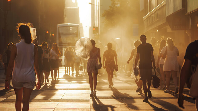 Sweltering Urban Heat: Pedestrians in Silhouetted Sunlight Amidst Haze, Capturing the Impact of Global Warming on City Life
