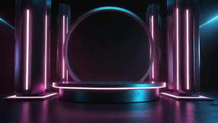 3D podium background, futuristic design, sleek metallic textures, vibrant lighting, high-resolution, perfect for presentations and awards