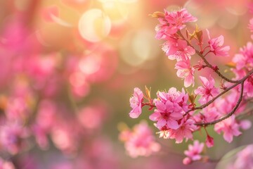 Vibrant pink blossoms spring background, cherry tree branches, bokeh, empty space, soft colors