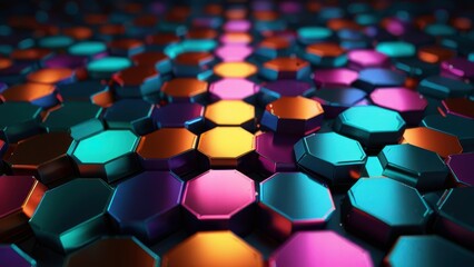 Obraz premium 3D hexagon background, futuristic design, metallic textures, vibrant lighting, high-resolution, ultra-realistic detail, perfect for digital art and presentations