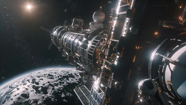 Futuristic Space Station Orbiting a Distant Planet