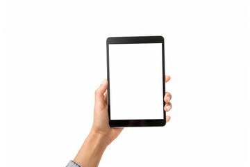 Woman hand holding tablet with blank white screen Phone isolated on white background for mockup Copy space