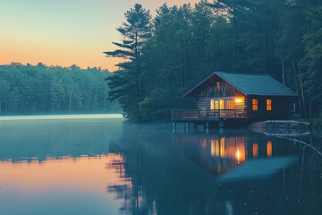 Fototapeta premium A cozy cabin sits on the edge of a tranquil lake at dusk, with warm light glowing from within. The water reflects the soft colors of the sky and the surrounding trees.