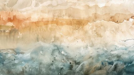 Fototapeta premium A serene watercolor landscape featuring soft hues of orange, blue, and cream, evoking calm and tranquility in nature.