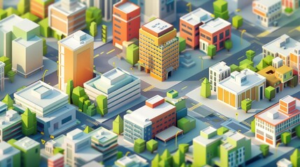 A vibrant 3D illustration of a modern urban landscape featuring buildings, trees, and streets in a colorful city setting.