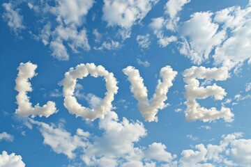Word LOVE formed by fluffy clouds in blue sky
