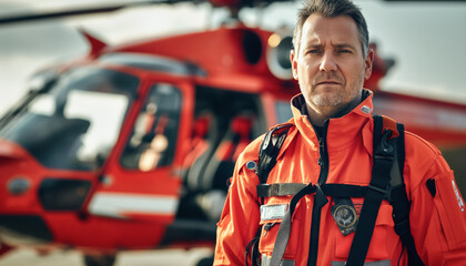 Man in orange uniform, paramedic, standing front of red rescue helicopter. Generative AI