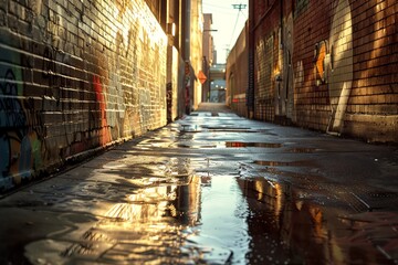 Fototapeta premium A narrow, graffiti-covered alleyway with puddles reflecting the sunlight. The alley is empty and quiet, with a sense of mystery.