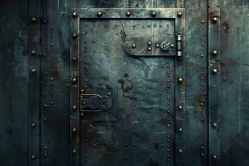 Fototapeta premium A rusty metal door with rivets and a lock, textured background.