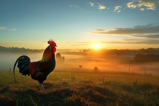 A rooster stands proudly on a hilltop, silhouetted against a breathtaking sunrise over a misty field.