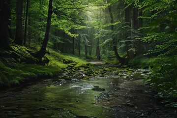 A tranquil stream flows through a lush, green forest, sunlight filtering through the canopy.
