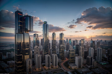 Urban Development with Modern High-rise Buildings bustling with activity under a vibrant sunset sky amidst a futuristic cityscape, illuminated by neon lights.