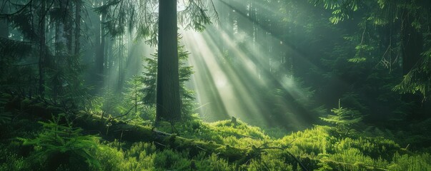 Obraz premium Sunbeams filter through the lush greenery of a serene forest, creating a magical atmosphere. Free copy space for text.