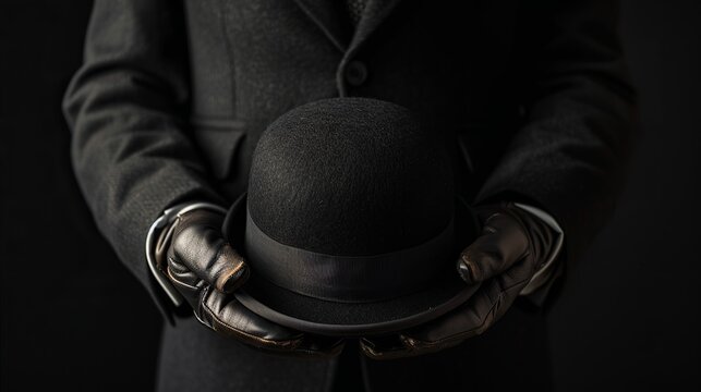 Classic British gentleman in a dark suit and leather gloves holds a bowler hat on a black background. Retro style and vintage fashion.