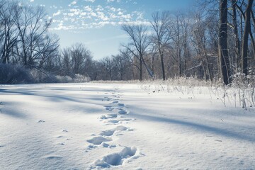 Fototapeta premium Footprints lead through a snowy forest path on a bright, winter day. The sun shines through bare trees casting long shadows.