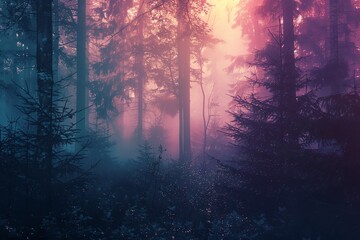 Fototapeta premium Ethereal forest bathed in a soft, pink and blue glow, with mist swirling between the trees.