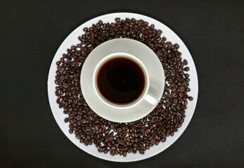 Espresso Americano in a ceramic fancy cup with fresh coffee bean scattered Isolated White Background