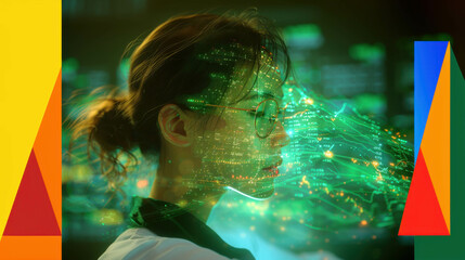Portrait of a financial analyst woman in glasses reviewing charts and data with a digital overlay.