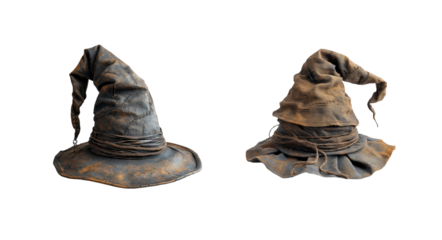 Two old and distressed witch hats, isolated on transparent background 