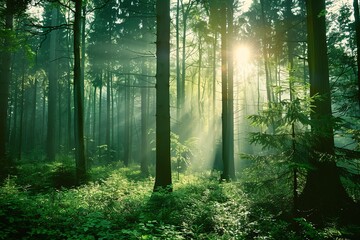 Naklejka premium Sunlight beams through the dense canopy of a lush, green forest. The rays illuminate the forest floor, creating a magical atmosphere.