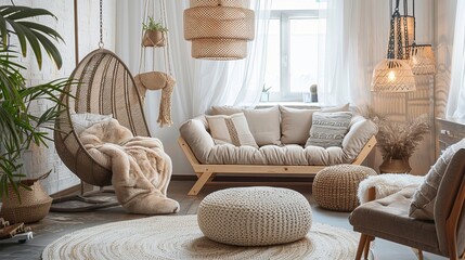 Obraz premium Cozy living room with plush armchairs, a sofa, and a stylish hanging chair.