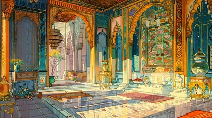 Obraz premium A drawing of a richly decorated interior full of colors and patterns. 