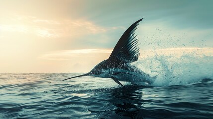 Fototapeta premium A majestic marlin leaps from the ocean, its dorsal fin cutting through the air. The sun casts a golden glow on the water.