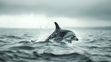 Fototapeta premium A single dolphin leaps out of the water, creating a splash. The dolphin is silhouetted against a cloudy sky.