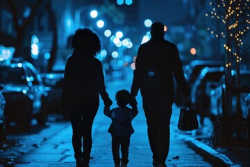 A couple walking together on a dark street, lit only by streetlights or moonlight