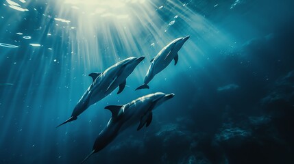 Obraz premium A trio of dolphins swim gracefully through a sunlit ocean, casting a magical glow on the water.