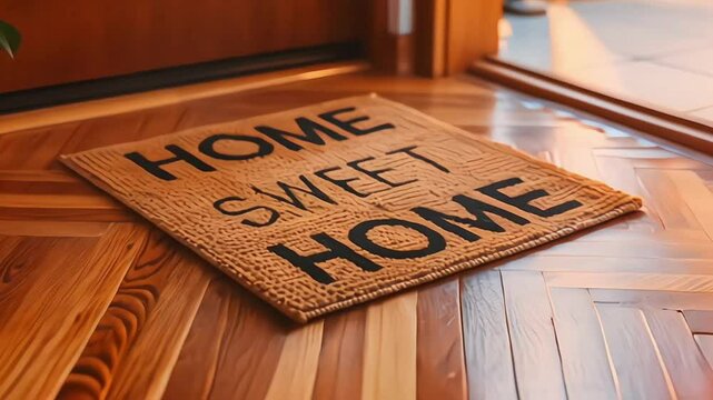 Closeup of a brown doormat or welcome mat with the text "Home, sweet home" on a wooden parquet or laminate floor indoors, in a house interior. Welcoming greeting for the guests, entrance carpet