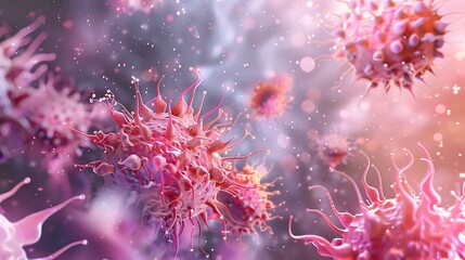Abstract illustration of cells in a pink, purple, and orange environment.