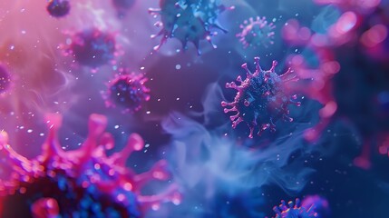 Abstract image of virus particles floating in a colorful, ethereal environment.