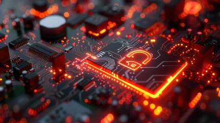 Closeup of motherboard, safety lock icon, secure connection, verified login credentials, wide banner design, glowing circuits, cybersecurity, Generative AI