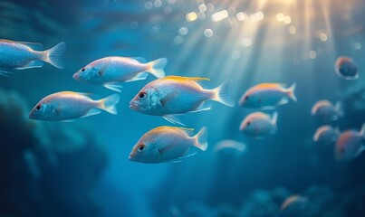 Naklejka premium Sunlight shines through the water, illuminating the varied schools of fish swimming among the coral. The play of light and shadow highlights the beauty of the underwater world. 