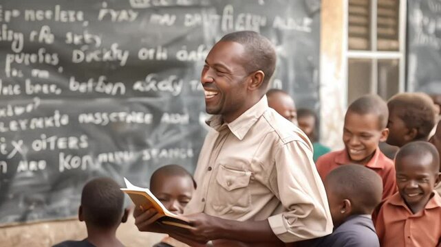 teacher in school gives a lesson to students
