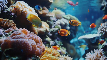 Naklejka premium Vibrant coral reef teeming with colorful fish, a picturesque underwater scene.